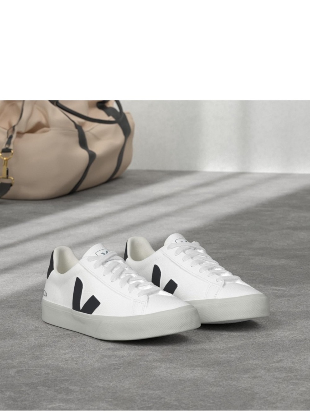Veja Campo Leather Sneaker in White with Black V - Picture 4 of 10